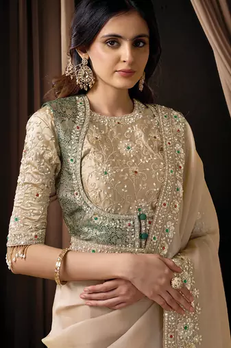 beige zari organza satin dual sequins embroidery multi stone handwork designer saree