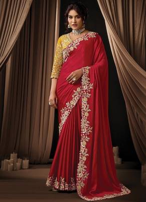red lustrous satin multi thread embroidery highlighted sequins pearl designer saree 1
