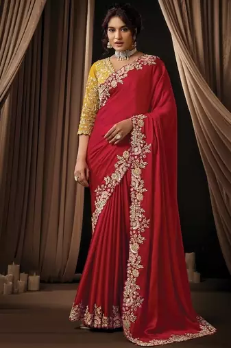 red lustrous satin multi thread embroidery highlighted sequins pearl designer saree