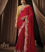red lustrous satin multi thread embroidery highlighted sequins pearl designer saree