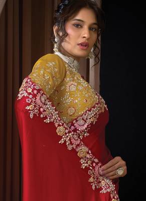 red lustrous satin multi thread embroidery highlighted sequins pearl designer saree 2