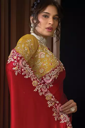 red lustrous satin multi thread embroidery highlighted sequins pearl designer saree