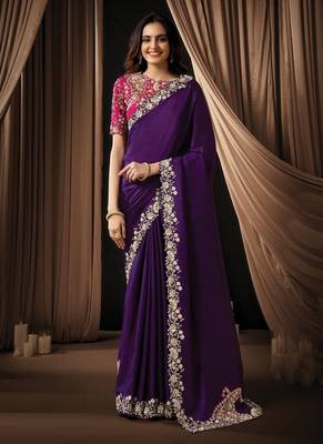 purple uppada silk blend sequins embroidery pearl handwork designer saree 1