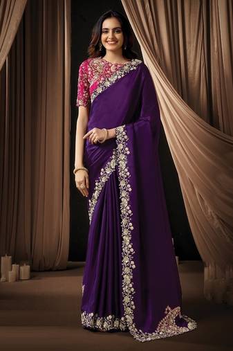 purple uppada silk blend sequins embroidery pearl handwork designer saree