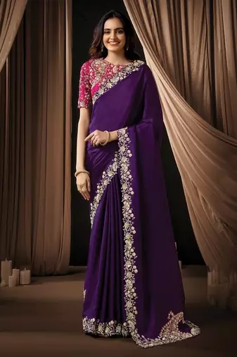 purple uppada silk blend sequins embroidery pearl handwork designer saree