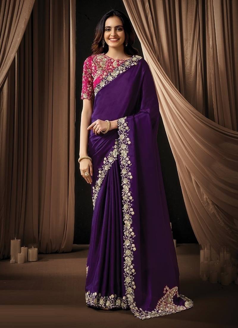 purple uppada silk blend sequins embroidery pearl handwork designer saree