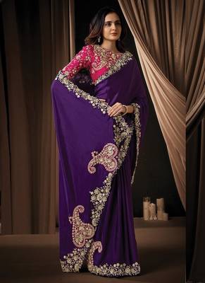 purple uppada silk blend sequins embroidery pearl handwork designer saree 2