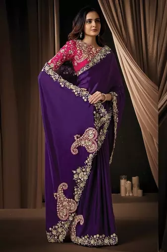 purple uppada silk blend sequins embroidery pearl handwork designer saree