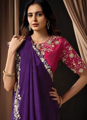 purple uppada silk blend sequins embroidery pearl handwork designer saree 3