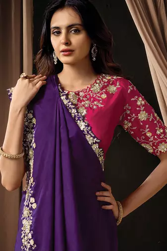 purple uppada silk blend sequins embroidery pearl handwork designer saree
