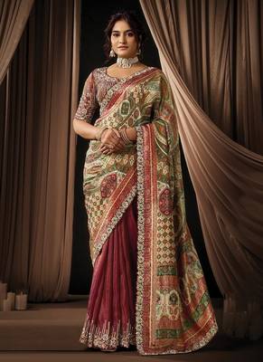 maroon viscos simmer satin jacquard dual sequins embroidery pearl stone handwork designer saree 1
