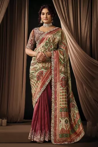 maroon viscos simmer satin jacquard dual sequins embroidery pearl stone handwork designer saree