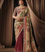maroon viscos simmer satin jacquard dual sequins embroidery pearl stone handwork designer saree