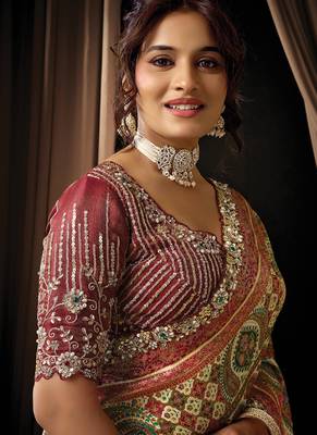 maroon viscos simmer satin jacquard dual sequins embroidery pearl stone handwork designer saree 2