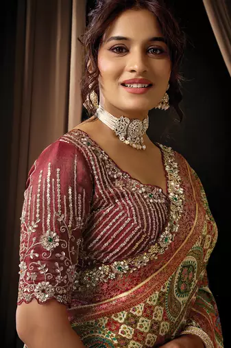 maroon viscos simmer satin jacquard dual sequins embroidery pearl stone handwork designer saree