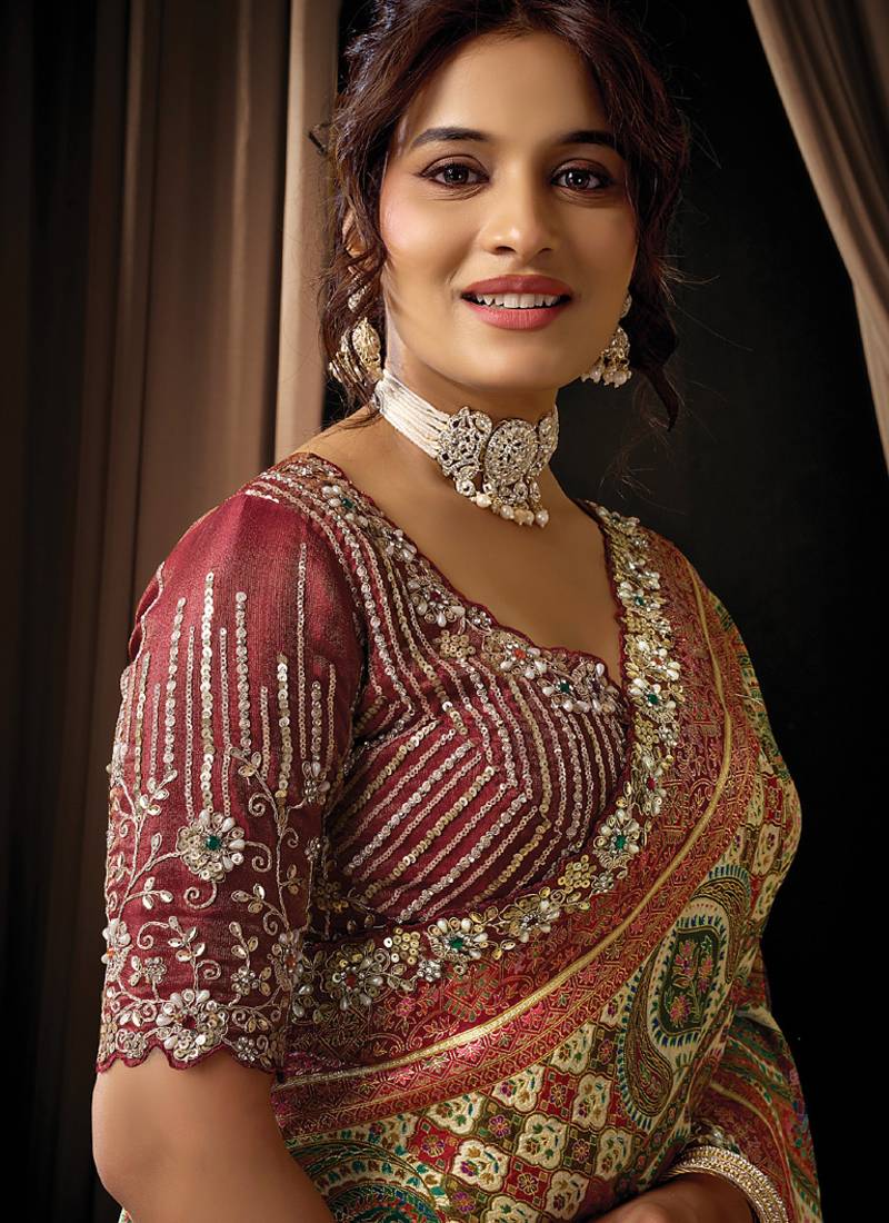 maroon viscos simmer satin jacquard dual sequins embroidery pearl stone handwork designer saree