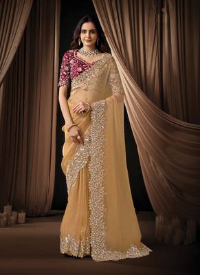 cream organza dual sequins embroidery pearl stone handwork designer saree 1
