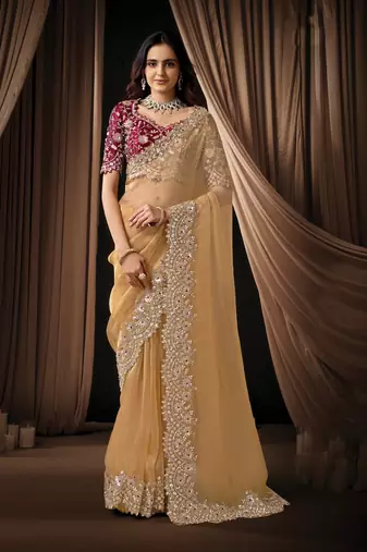 cream organza dual sequins embroidery pearl stone handwork designer saree