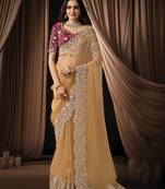 cream organza dual sequins embroidery pearl stone handwork designer saree