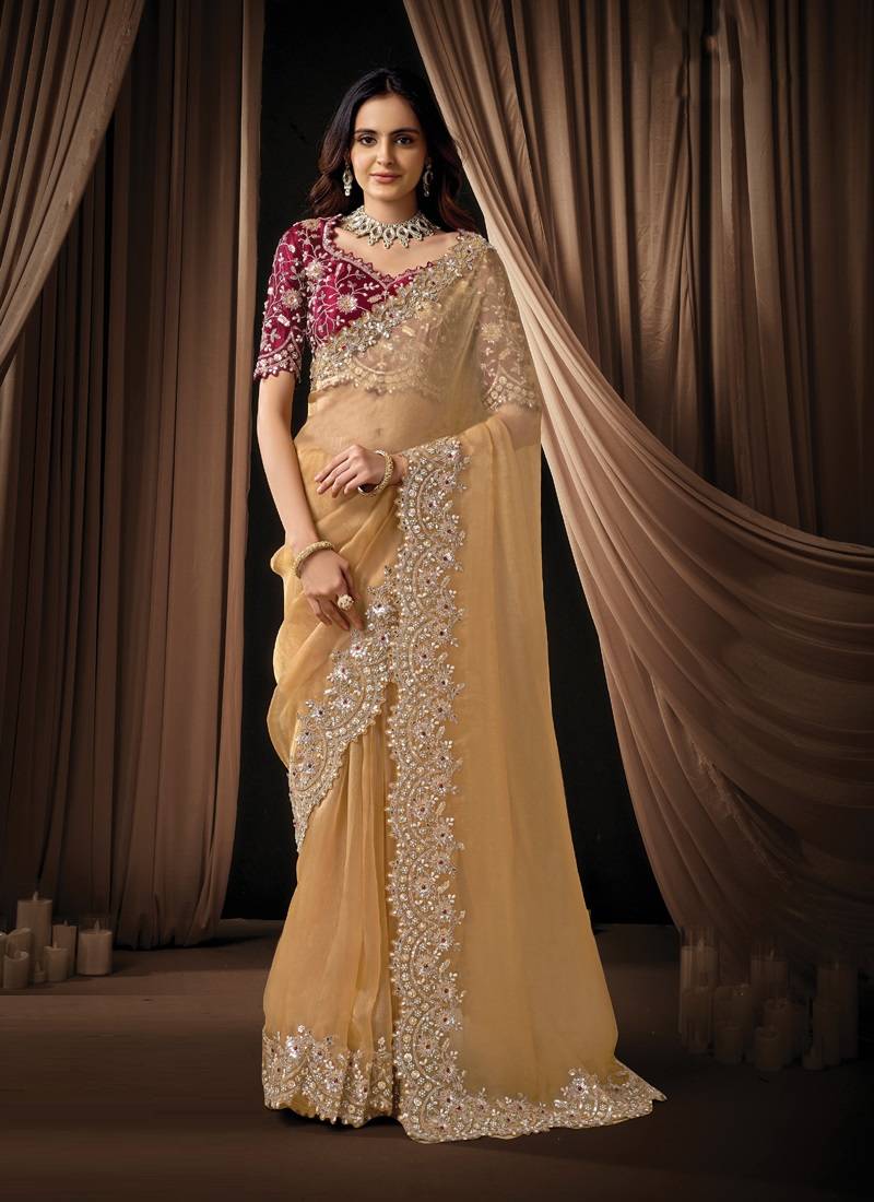 cream organza dual sequins embroidery pearl stone handwork designer saree