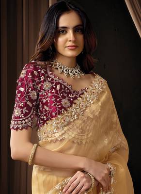 cream organza dual sequins embroidery pearl stone handwork designer saree 2