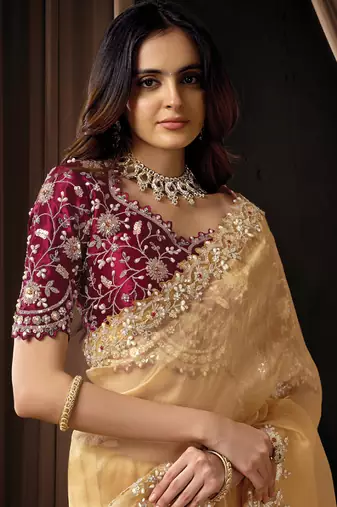 cream organza dual sequins embroidery pearl stone handwork designer saree