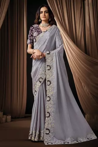 lavender uppada silk blend ovel sequins embroidery floral applique work designer saree