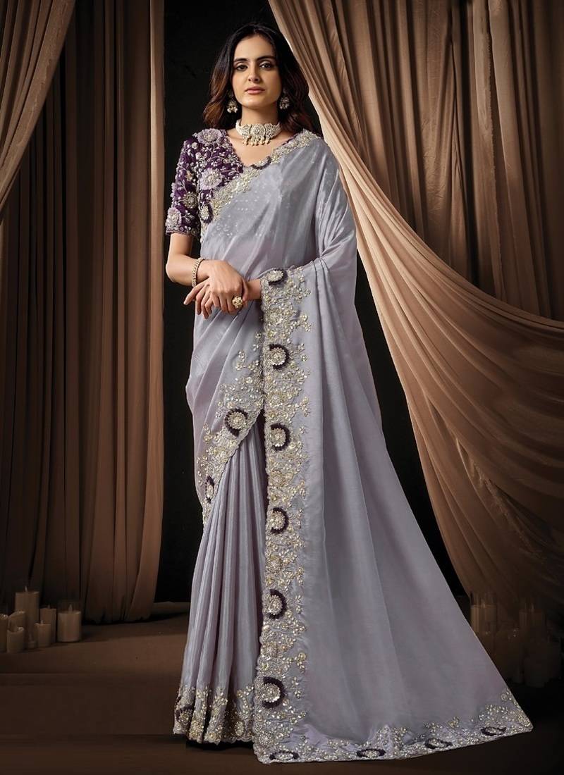 lavender uppada silk blend ovel sequins embroidery floral applique work designer saree