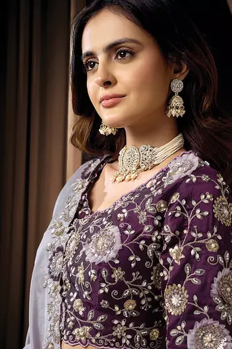 lavender uppada silk blend ovel sequins embroidery floral applique work designer saree