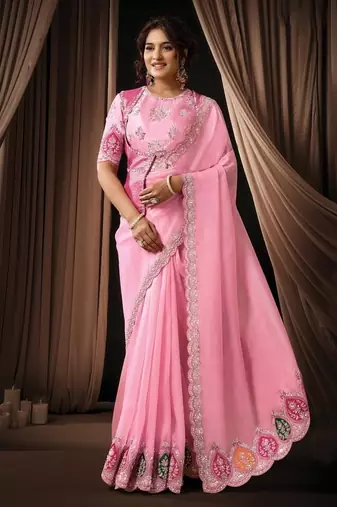 pink tissue multi thread sequins embroidery stones handwork designer saree