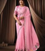 pink tissue multi thread sequins embroidery stones handwork designer saree