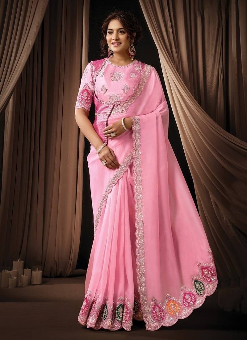 pink tissue multi thread sequins embroidery stones handwork designer saree