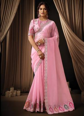 pink tissue multi thread sequins embroidery stones handwork designer saree 2