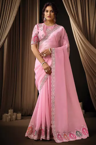 pink tissue multi thread sequins embroidery stones handwork designer saree