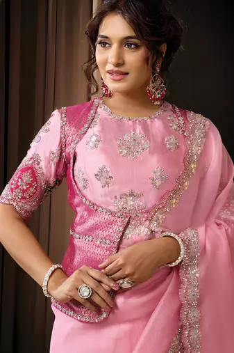 pink tissue multi thread sequins embroidery stones handwork designer saree