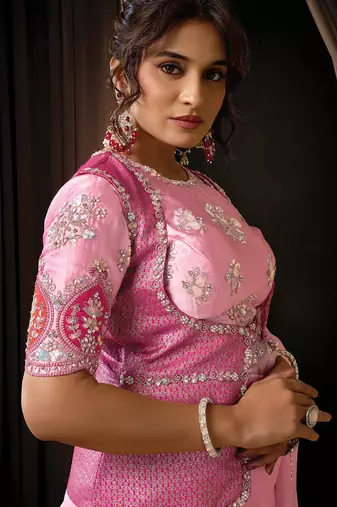 pink tissue multi thread sequins embroidery stones handwork designer saree