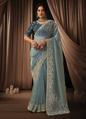 sky blue uppada silk blend floral thread work pearl detailing designer saree 1