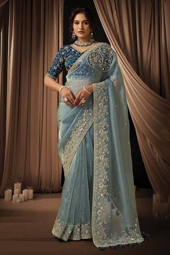 sky blue uppada silk blend floral thread work pearl detailing designer saree