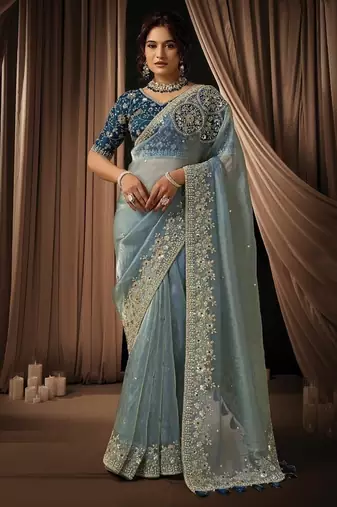 sky blue uppada silk blend floral thread work pearl detailing designer saree