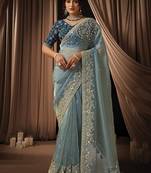 sky blue uppada silk blend floral thread work pearl detailing designer saree