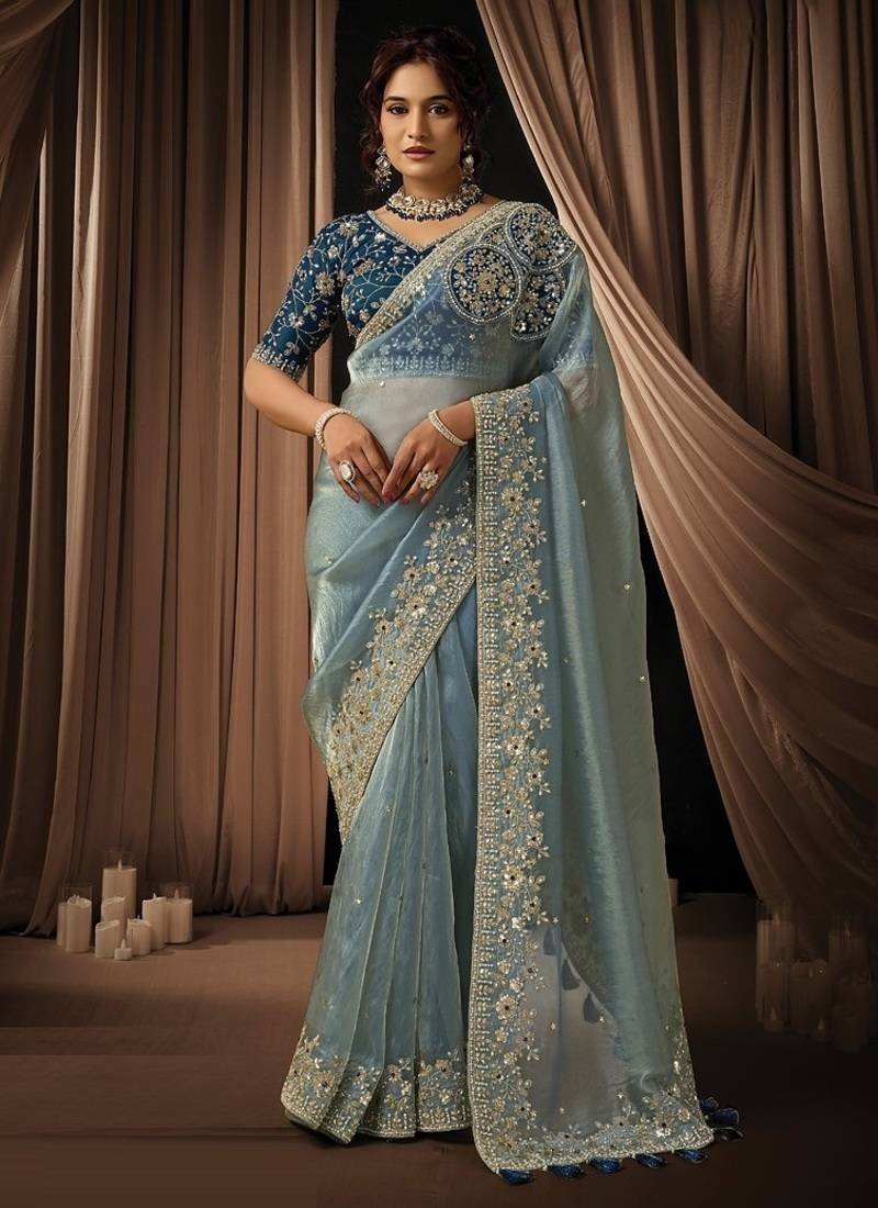 sky blue uppada silk blend floral thread work pearl detailing designer saree
