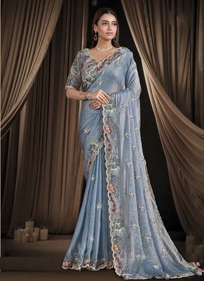 steel blue two tone satin multi sequins pure handwork pearl thread work designer saree 1
