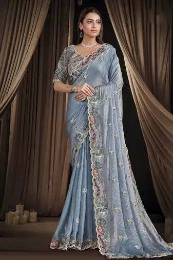 steel blue two tone satin multi sequins pure handwork pearl thread work designer saree