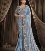 steel blue two tone satin multi sequins pure handwork pearl thread work designer saree