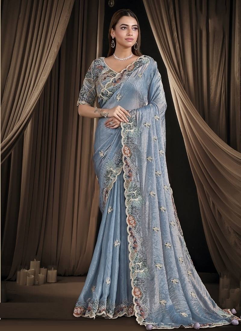 steel blue two tone satin multi sequins pure handwork pearl thread work designer saree