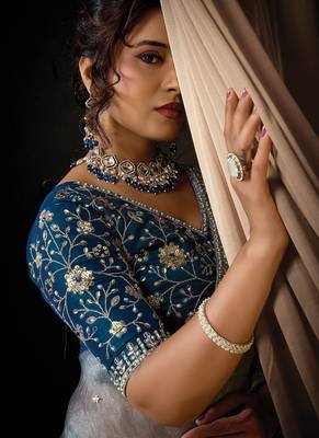 sky blue uppada silk blend floral thread work pearl detailing designer saree 2