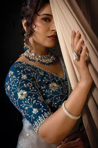 sky blue uppada silk blend floral thread work pearl detailing designer saree