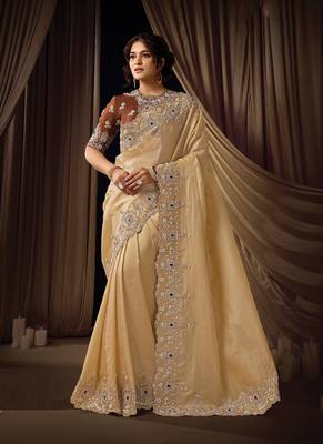 beige self woven jacquard sequins embroidery highlighted pearl crystal shine stone designer saree 1