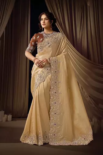 beige self woven jacquard sequins embroidery highlighted pearl crystal shine stone designer saree