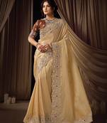 beige self woven jacquard sequins embroidery highlighted pearl crystal shine stone designer saree